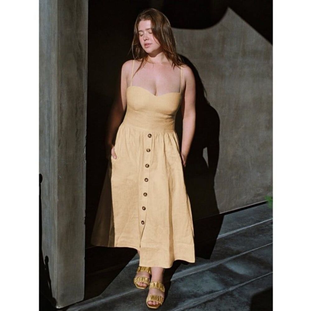 Reformation Cale Linen Midi Dress in Parmesan Size 0 - Picture 1 of 10